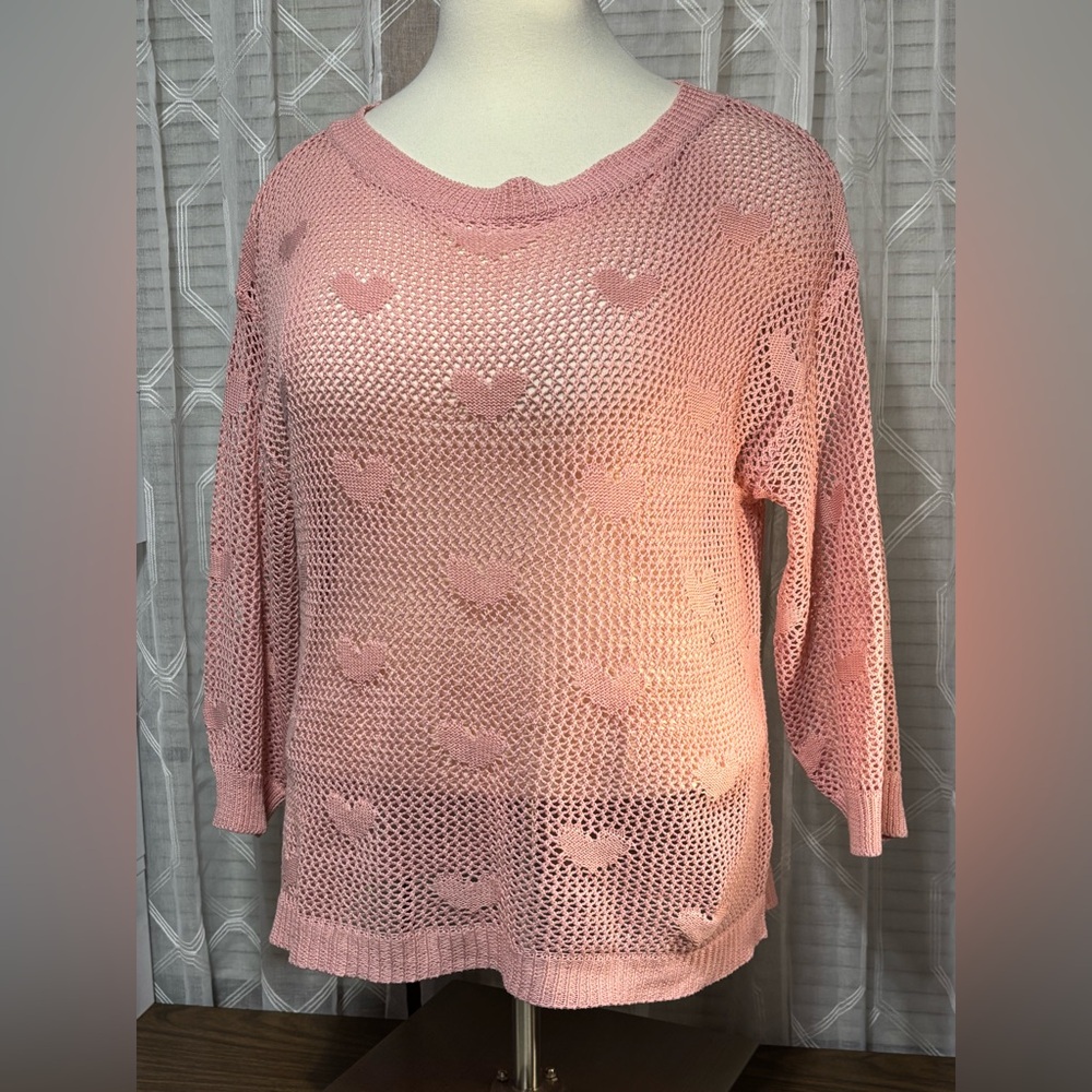 SHEIN CURVE 2 XL Drop Shoulder long sleeve Pink Heart Pattern Women's Sweater